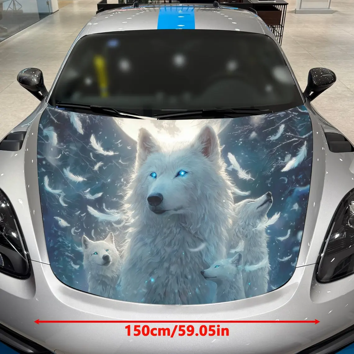 ملصقات غطاء السيارة ذات العيون الزرقاء على شكل قمر ليلي وولف أبيض، ملفوفة في ملصقات الفينيل الملونة، مناسبة لجميع السيارات، غطاء محرك السيارة المزخرف Pa #2