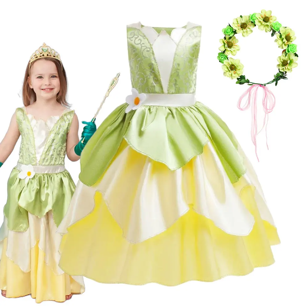 2024 Dressy Tiana Princess Outfit Dress for Toddler Girls Fairy Tale Princess and the Frog Costume Chidlren Halloween Party Gown