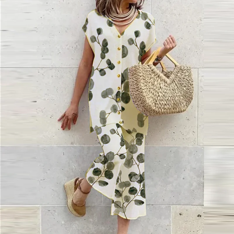 

Spring Summer Female Loose Two Piece Set Casual Print Short Sleeve Button Tops And Flare Pants Outfits Fashion Women Beach Suits