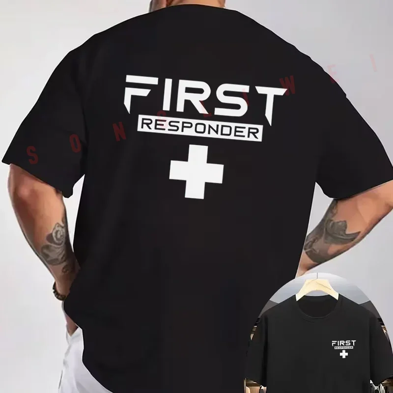 Medical Cross First Responder Minimalist Line Graphic Motorcycle Double-Sided Print T-Shirt Men Short Sleeve O-neck Casual Tops