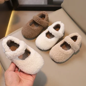 Winter New Children Flat5 Shoes Fur Cover Toe Light Warm Kids Casual Shoe 2024 Plush Warm Non-slip Leisure Comfy Boys Girls Shoe