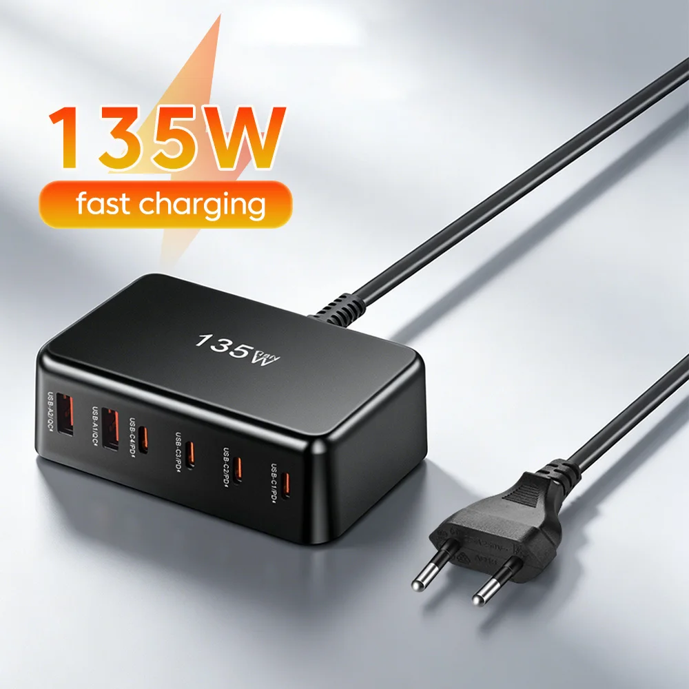 New 120W GaN Charger 6 Ports USB Type C PD Fast Charging Station UK/EU/US Plug