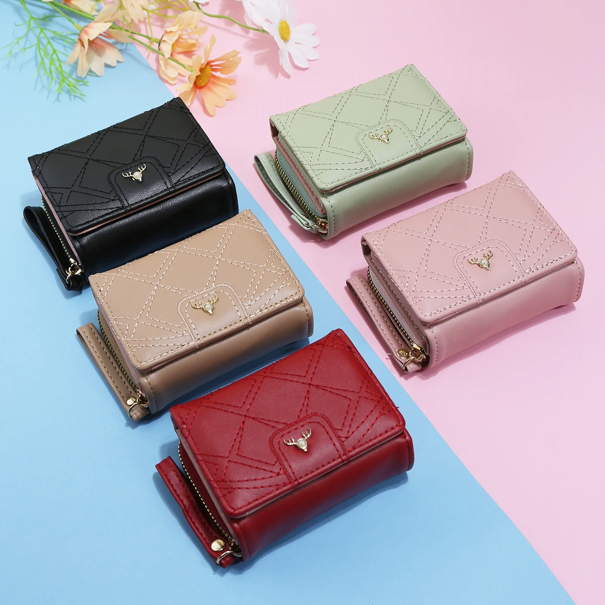 Ladies Embroidered Clutch Wallet Short Zipper Buckle Large Capacity Tri-fold Card Holder Multi-Slot Fashionable Simple Design