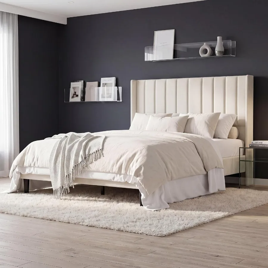 Upholstered Velvet Platform Bed Frame with 52 Tall Wingback Headboard - Noise-Free Support, Easy Assembly, Underbed Storage, Pa