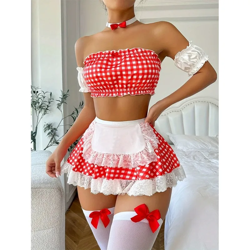 YUEYANG خادمة مجموعة الملابس الداخلية للنساء 6 قطع تأثيري الملابس الداخلية خادمة زي لعب الأدوار وتتسابق الملابس الداخلية تنورة صغيرة للحزب