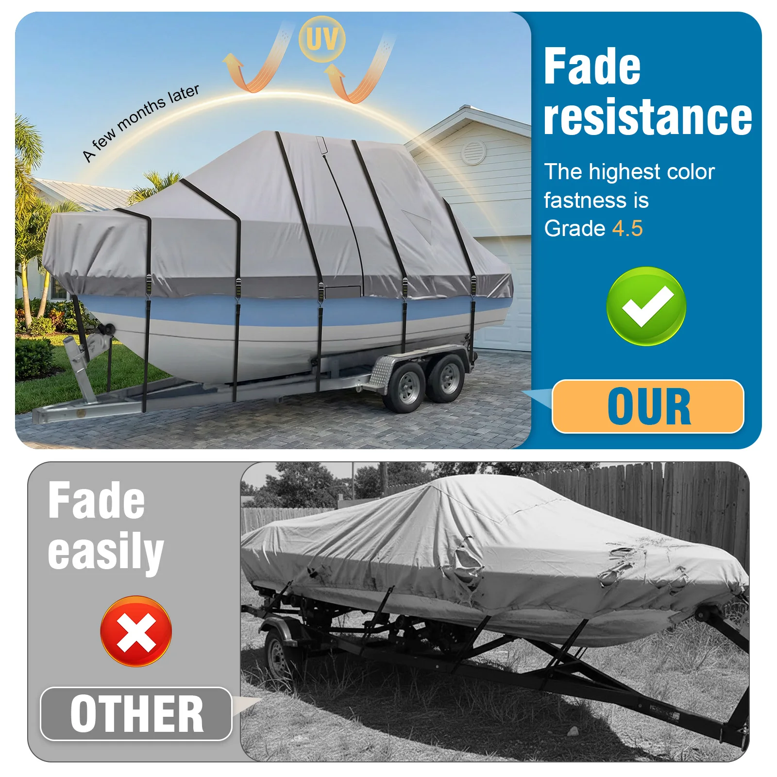 

1200D Hard Top Yacht Boats Storage Covers with Motor Covering & Adjustable Buckle with 18 Tie Down Strap For Protecting Roof