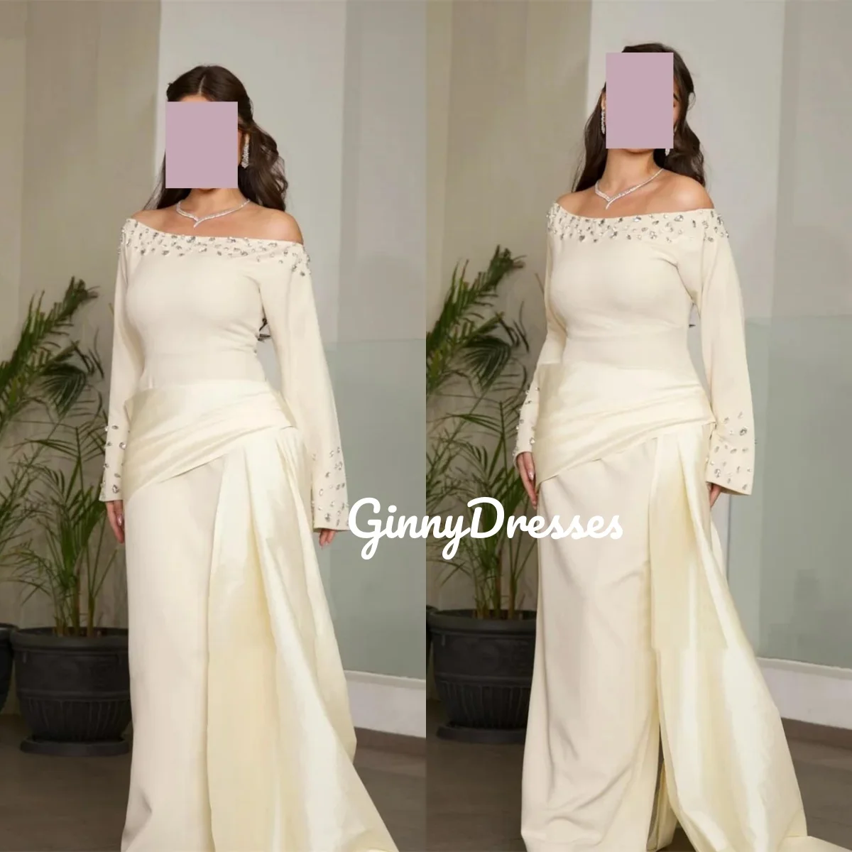 

Vestidos De Festa Customize A-Line Beadings Off-The-Shoulder Dress Women Elegant Luxury Floor-Length Zipper Long Sleeves Dubai L