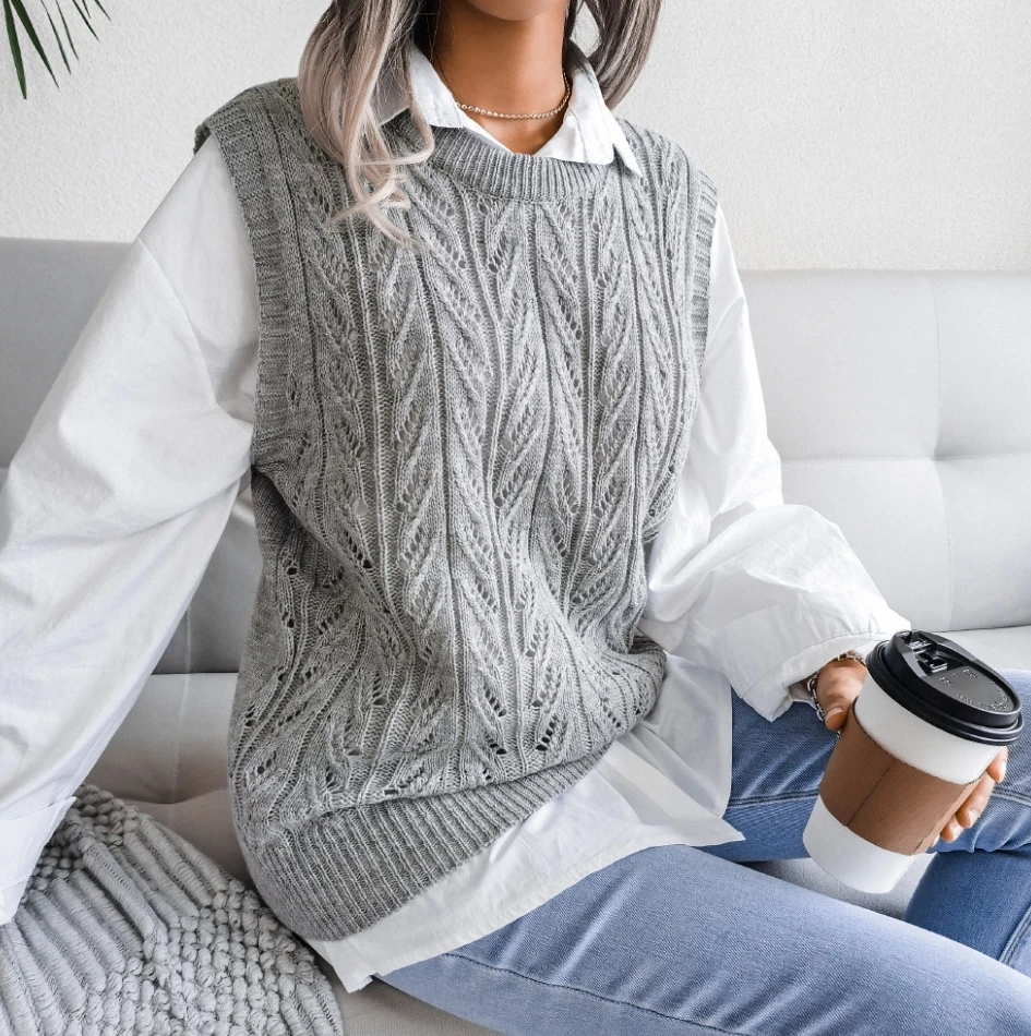 Round Neck Hollowed Out Casual Knitted Vest Sweater for Women Sweater Women Trends 2025 Pullover Women