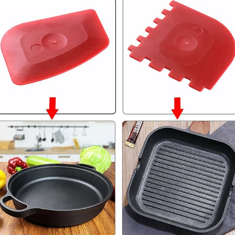 New 2pcs/set Grill Pan Scrapers Cast Iron Skillets Frying Pan Cleaners Pc Scraper Cast Iron Pot Cleaning Scraper (Red, Black)