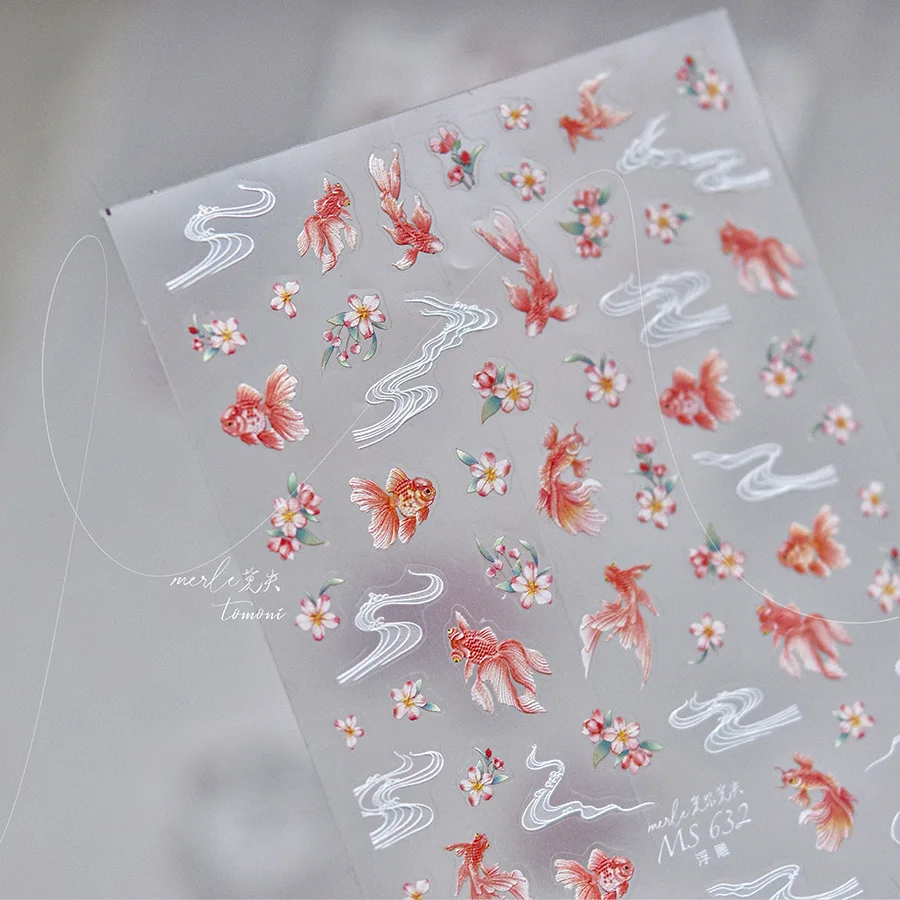 5D Relief Retro Vivid Red Rich Koi Goldfish Flower Clouds Adhesive Nail Art Stickers Decals Manicure Metallic Luster Ornaments