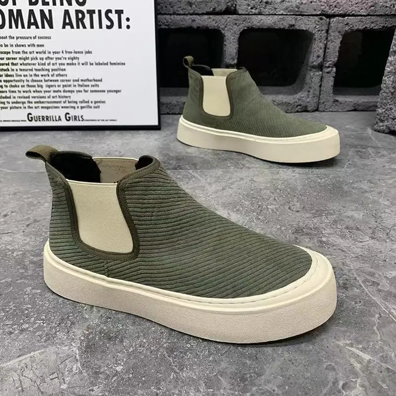 

2026 Зимние и осенние вельветовые высокие туфли для мужчин, повседневные легкие нескользящие цельные ботинки на толстой подошве из хлопкового материала