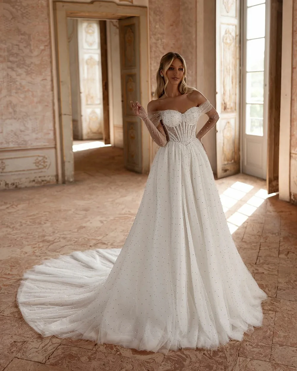 قبالة الكتف بلا أكمام ألف خط فساتين زفاف النساء رائع الأميرة زي العرائس التطهير طول Vestidos De Novias مخصص #1