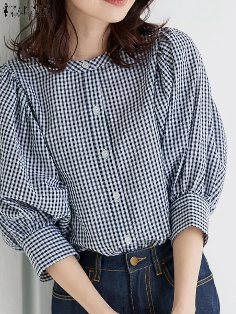 ZANZEA Spring Vintage 3/4 Sleeve Blouse Casual Buttons Down Tops Female Women Plaid Checked Shirt Holiday Party Blusas Mujer