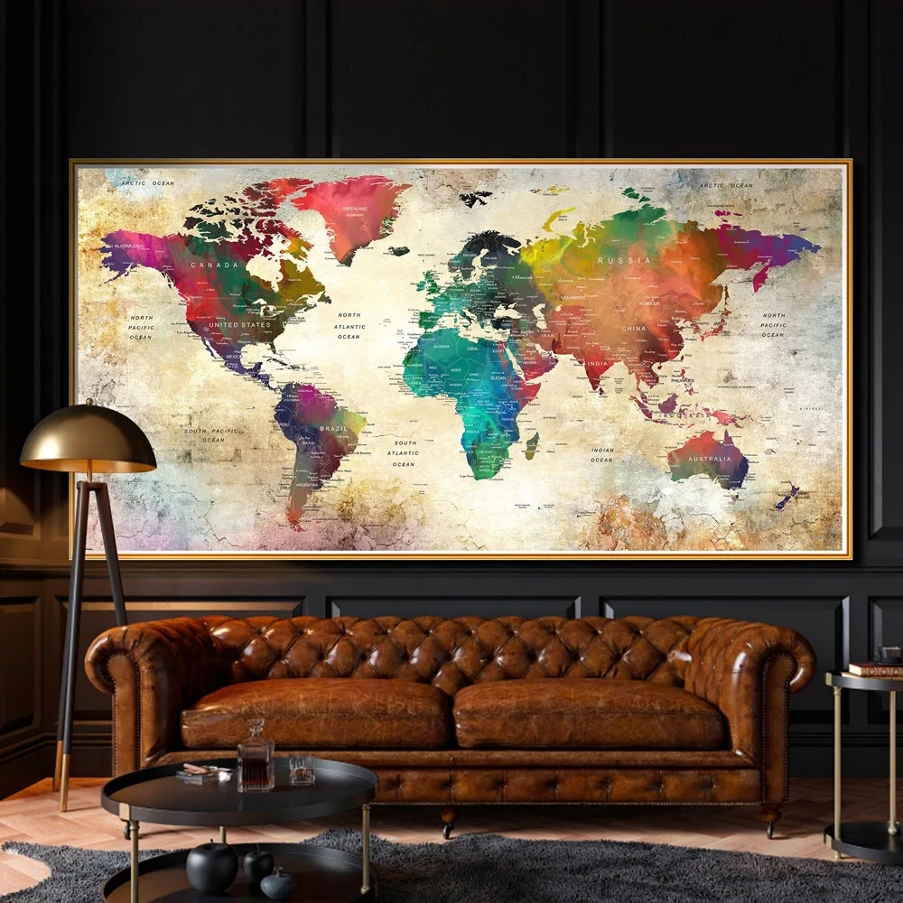 Vintage Abstract Wall Art World Map Colorful Painting Canvas Poster Prints Home Bedroom Living Room Decoration Gifts