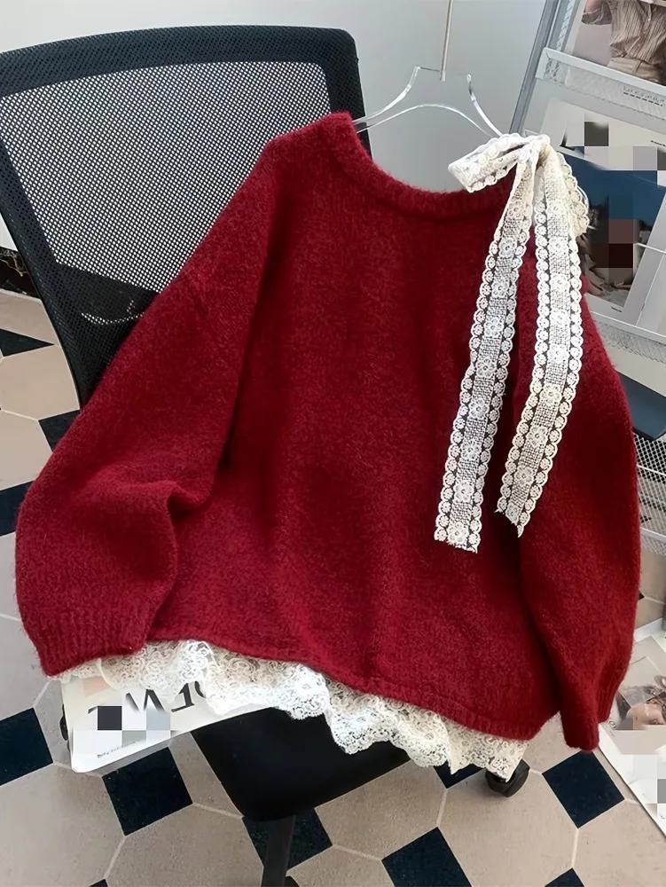 

Fall Winter New Style Women Sweater Coat with Fur Collar and Hood Fashion Heavyweight Lace Patchwork with Bowknots Loose Sweater