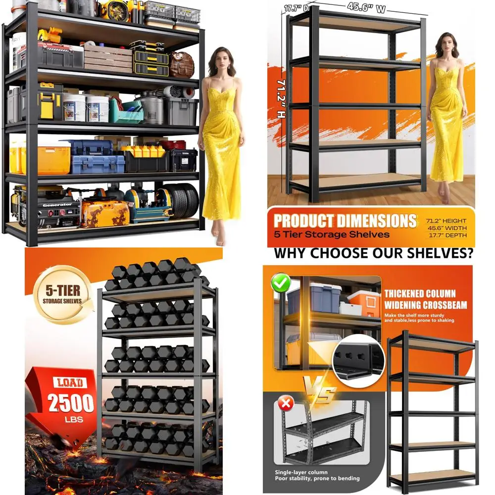 أرفف تخزين معدنية قابلة للتعديل من 5 طبقات شديدة التحمل للمنزل، وحدة رفوف جراج واسعة 45.6، سعة قوية 2500 رطل #1