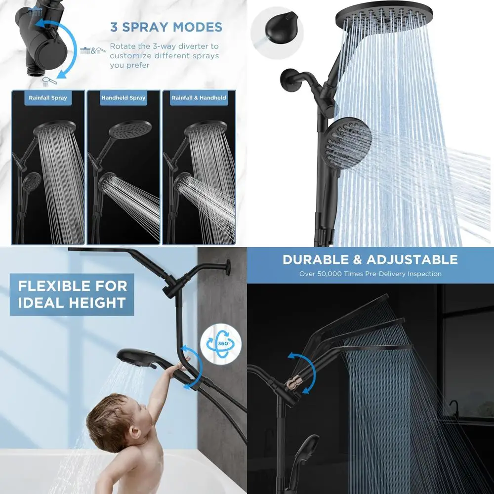 

Dual Shower Head System: 8 Rainfall + 10-Mode High-Pressure Handheld with Power Wash