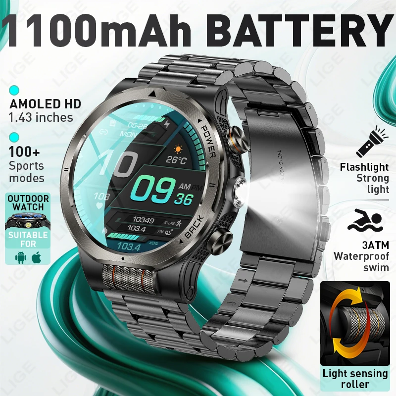 

LIGE 2026 New Smartwatch For Men AMOLED Screen Heart Rate Monitor Compass 3ATM Waterproof Wireless Call Flashlight Smart Watches