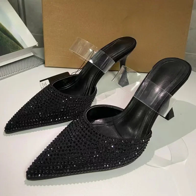 Designer Luxury High Heels Sandals Woman Elegant Shiny Diamond Black Fashion Mules Slingback PVC 2024 Summer Shoes for Ladies