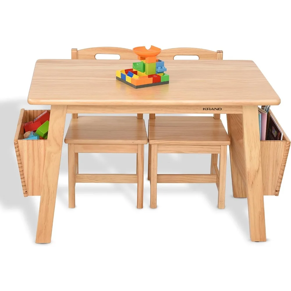 KRAND Kids Solid Wood Table and 2 Chair Set with Storage Desk and Chair Set for Children Toddler Activity Table (Solid Wood