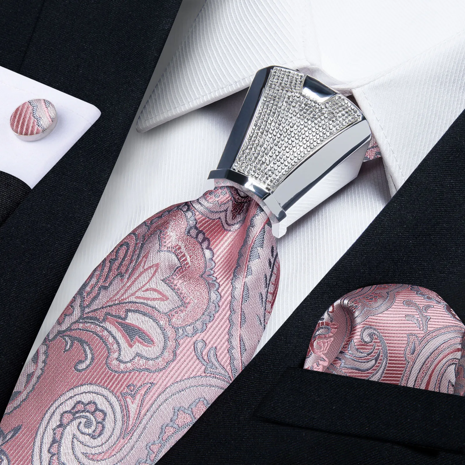 

Fashion Pink Paisley Formal Wedding Silk Tie Handkerchief Cufflinks Designer Tie Buckle Mens Neck Tie Set 8cm Gift For Men