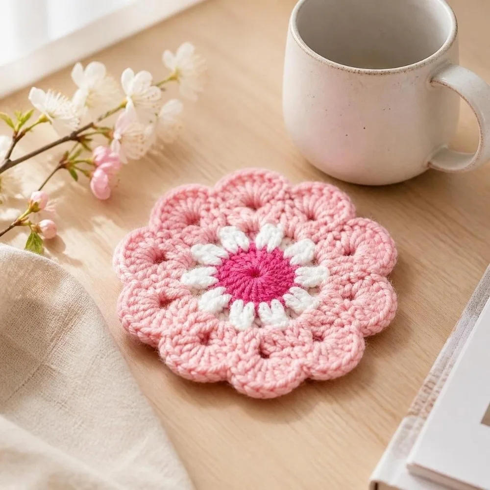 Ins Style Knitted Crochet Flower Coasters Handmade Heat Resistant Placemats Home Decor Non Slip Coffee Cup Mat Home Decor