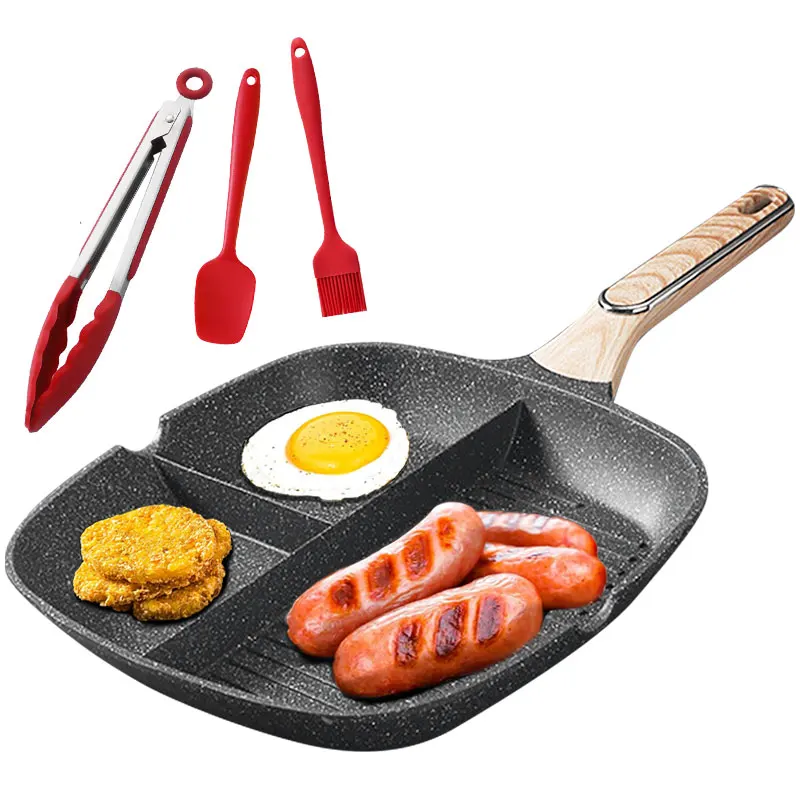 

29cm Nonstick Square Grill Pan 3-Section Griddle Skillet Pan Induction Large Breakfast Skillet for Egg Bacon Burgers Cooking Pan