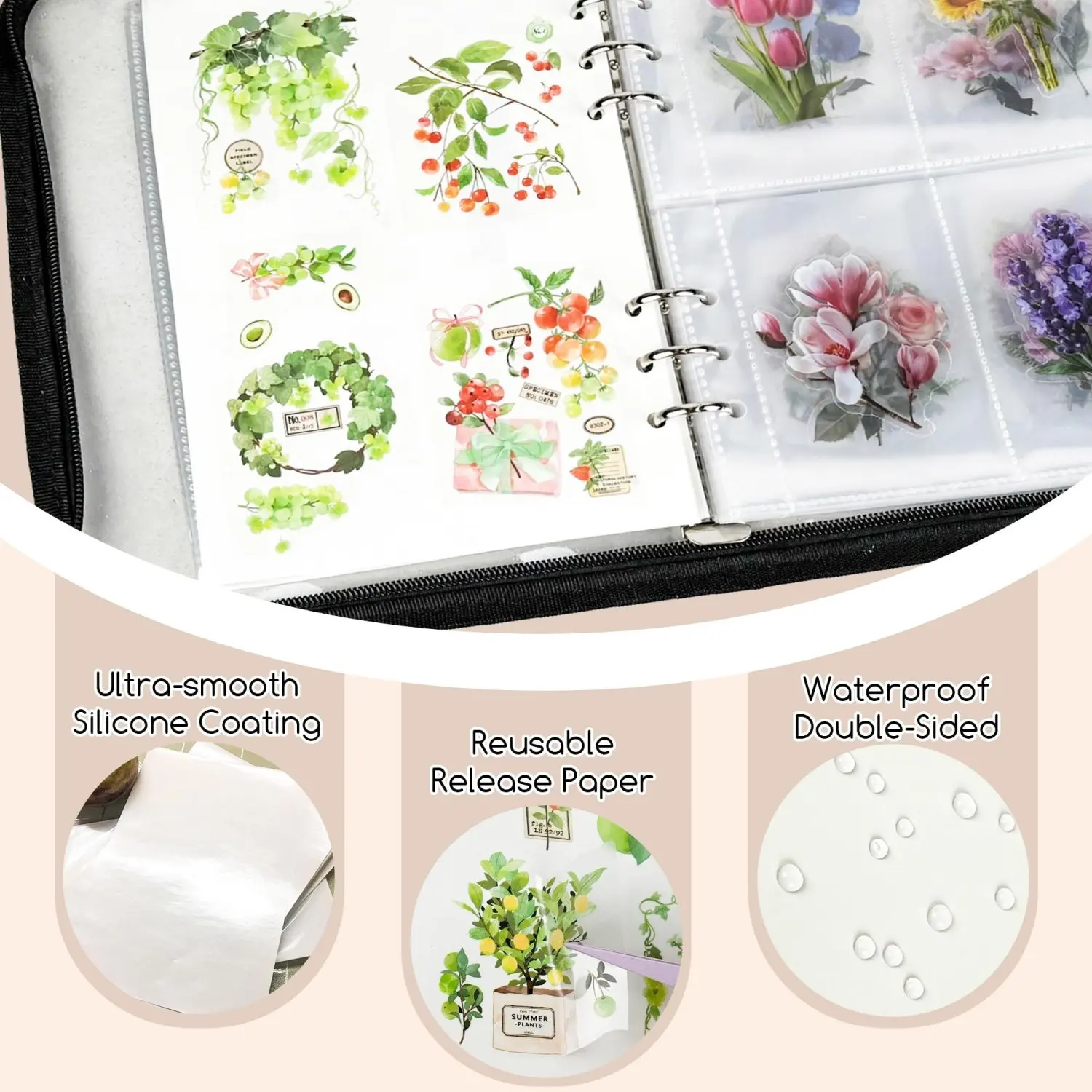 4 in 1 Sticker Organizer Book Reusable A5 Storage Binder with 220 Pockets 10 Release Papers Zipper