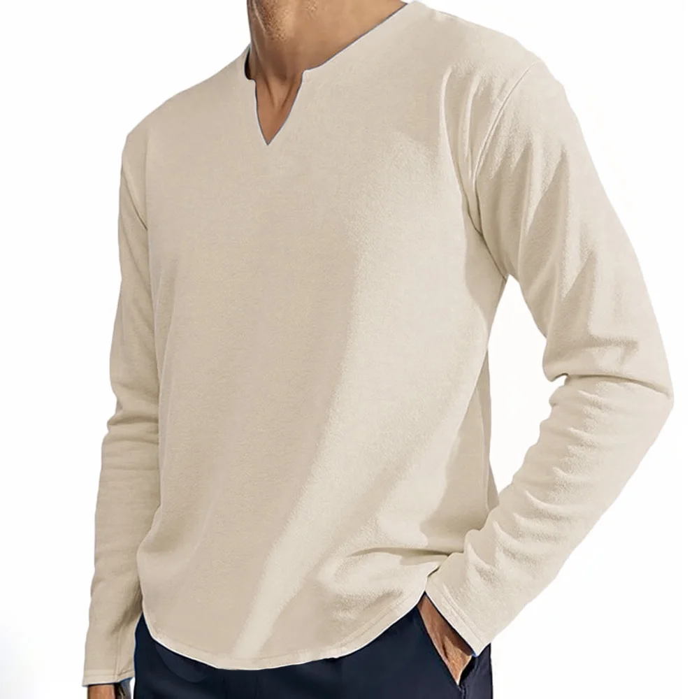 Autumn Long SLeeve T-shirt for Men Breathable V-neck Casual Simple Basic Style Solid Color Lightweight Male Casual Cozy Tees