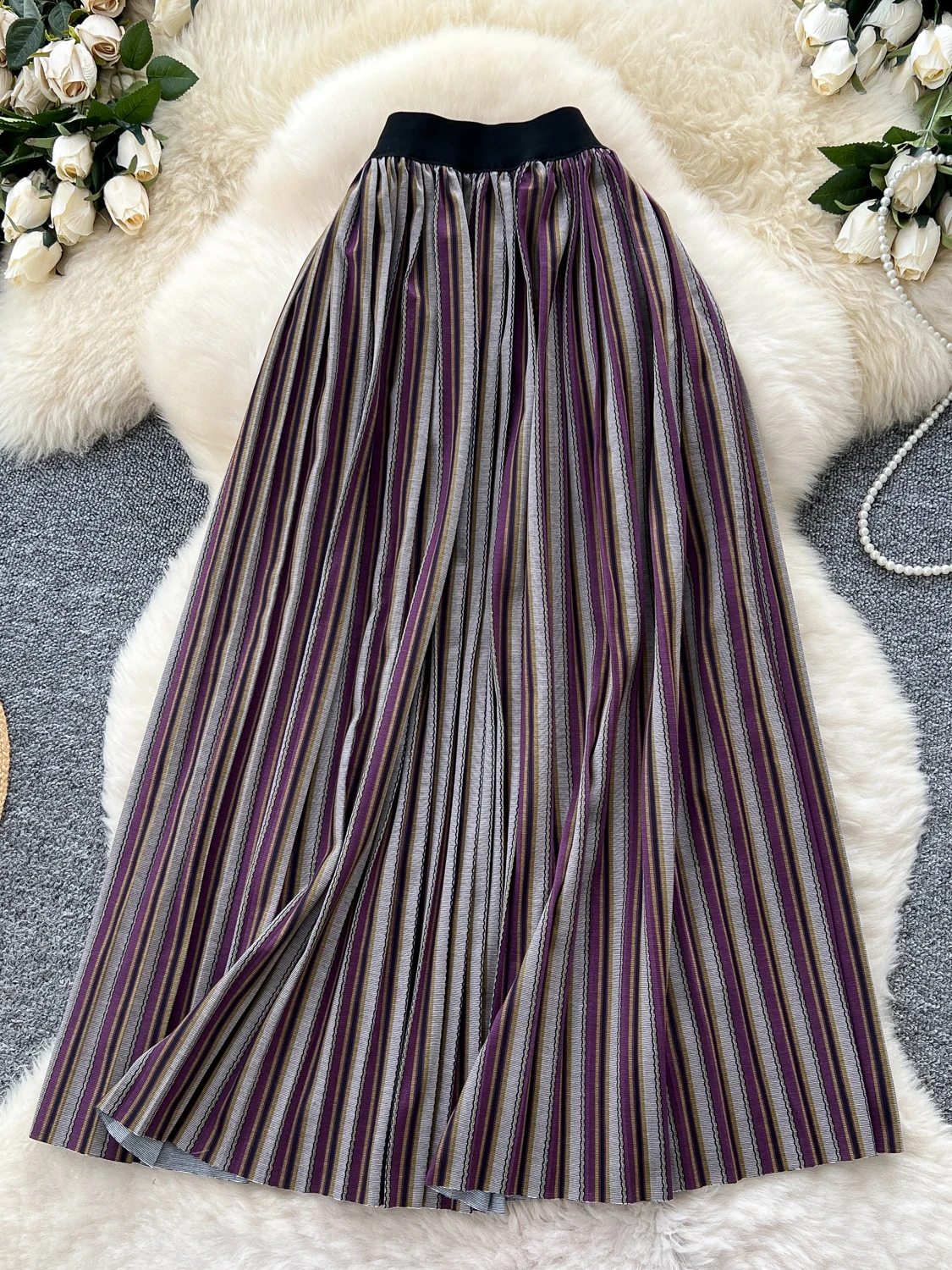

Корейский японский стиль, юбка с высокой талией, полосатая женская осенняя стильная эластичная талия, утягивающая плиссированная женская юбка средней длины Faldas SK059