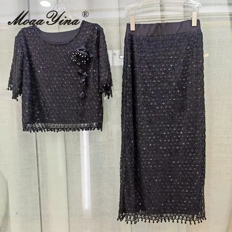 MoaaYina 2025年秋 レディース 刺繍パールクリスタルダイヤモンド装飾 ライトラグジュアリー ツーピース ミディアム丈スカートセット