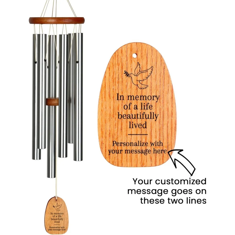 Carrilhão de vento memorial prateado de 24 polegadas com pomba personalizada e incrível homenagem de graça