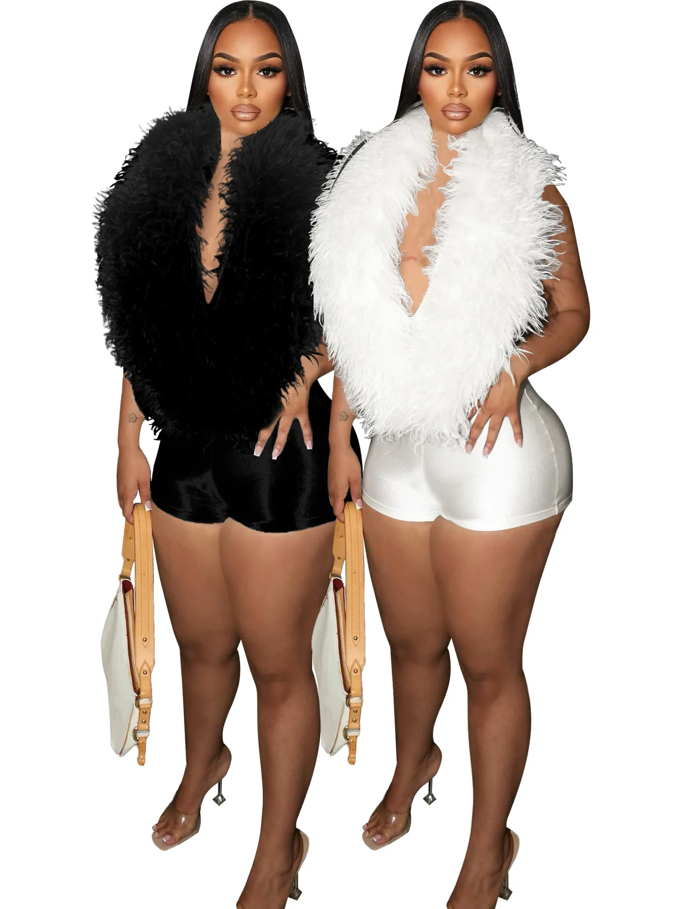 

Fashion Feather Deep V Halter Neck Jumpsuits for Women Sexy Backless Sleeveless Skinny Shorts Bodysuit Nightclub Party Clothing