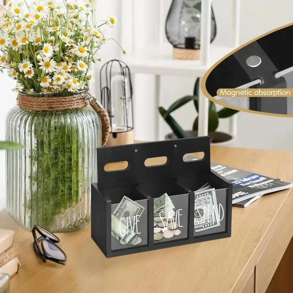 3 Compartments Wooden Money Saving Box Clearly Visualized Wall-Mount Design Coin Piggy Bank Decorative Large Capacity