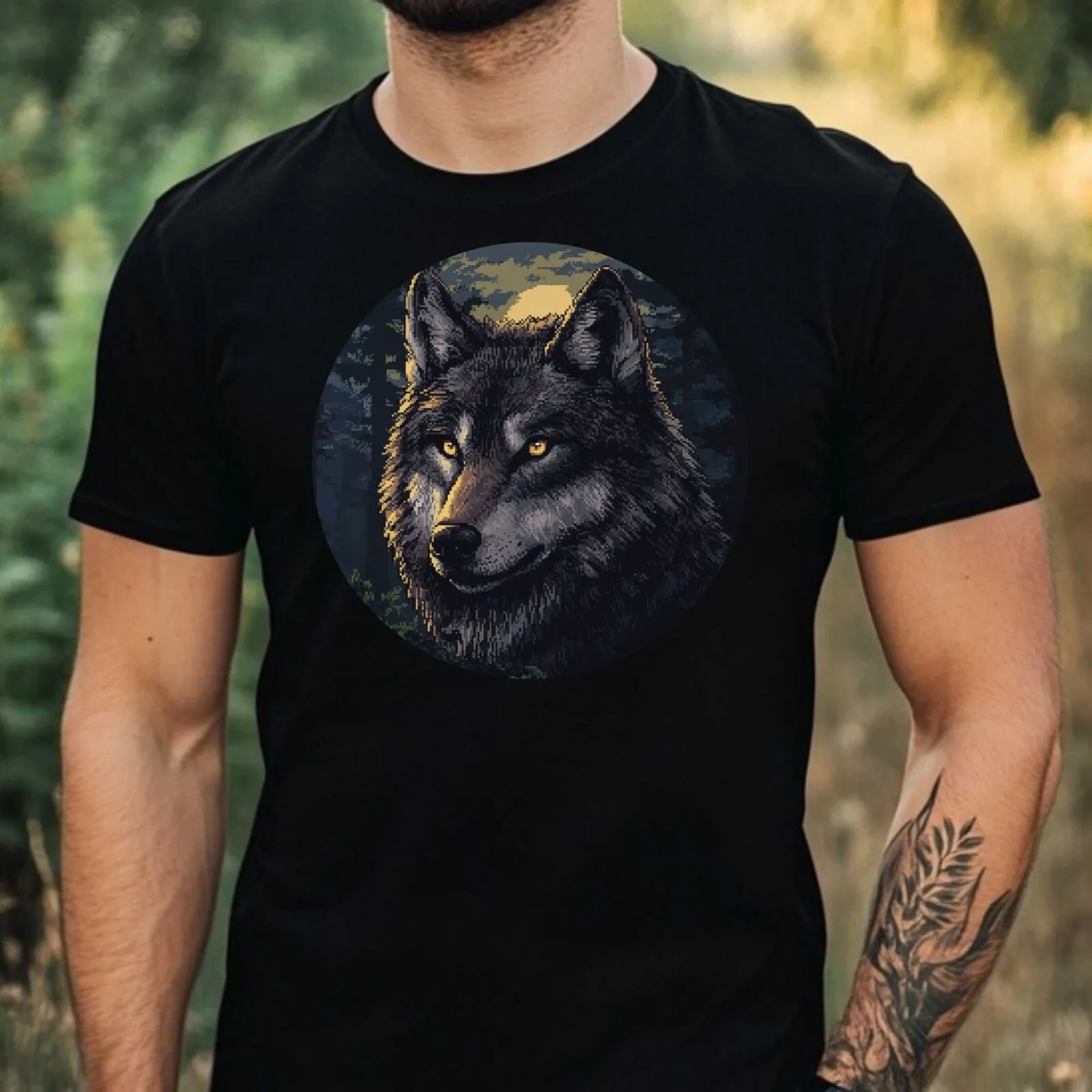 Camiseta de algodón con motivo de arte pixelado de lobo para hombre, talla XS a 5XL