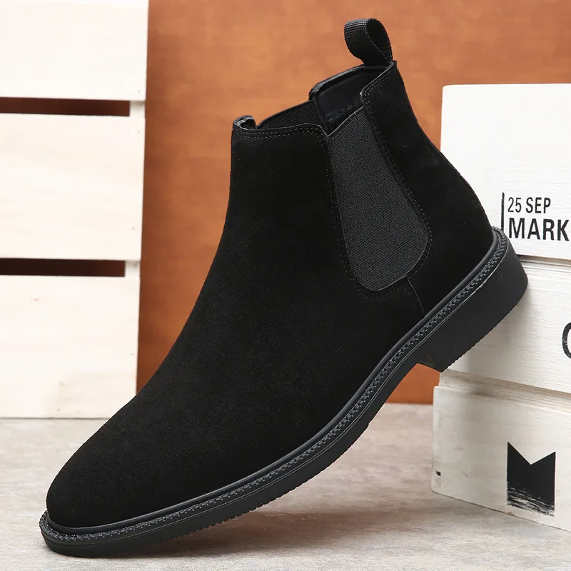 

Plus Size Men's British Style Leather Boots, Fashion Slip-On Ankle Boots, European and American Trendy Thick Sole Comfort Shoes