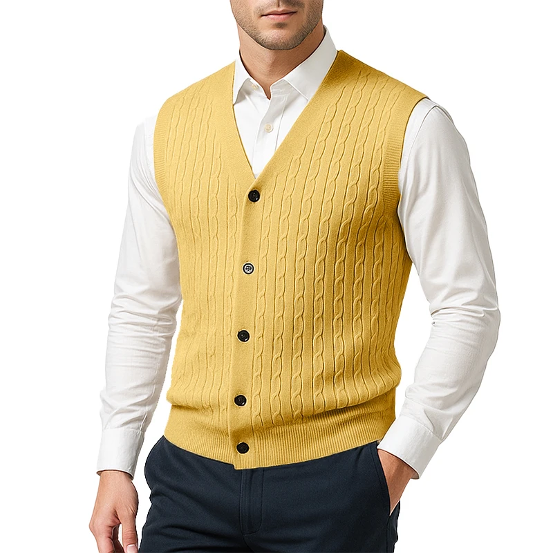 Autumn Men's V Neck Knit Sweater Vest Button Down Sleeveless Cable Cardigan Vest Outdoor Business Lightweight Cardigan Coats