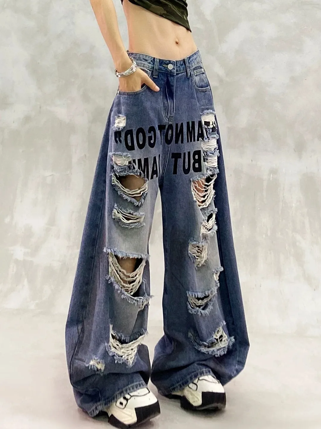 

Summer 2026 High Waist Wide Leg Denim Jeans Women's Torn Draping Letter Print Casual Comfortable Breathable Floor-Length Pants