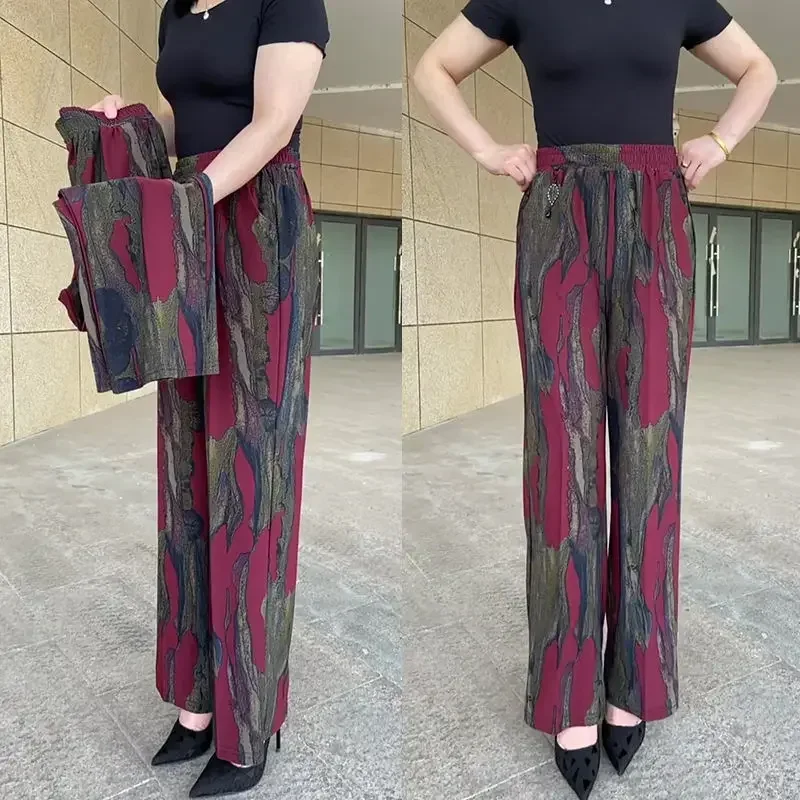 

Spring Summer New Women's Ice Silk Straight Pants Print Elastic High Waist Pockets Thin Korean Casual Fashion Wide Leg Trousers