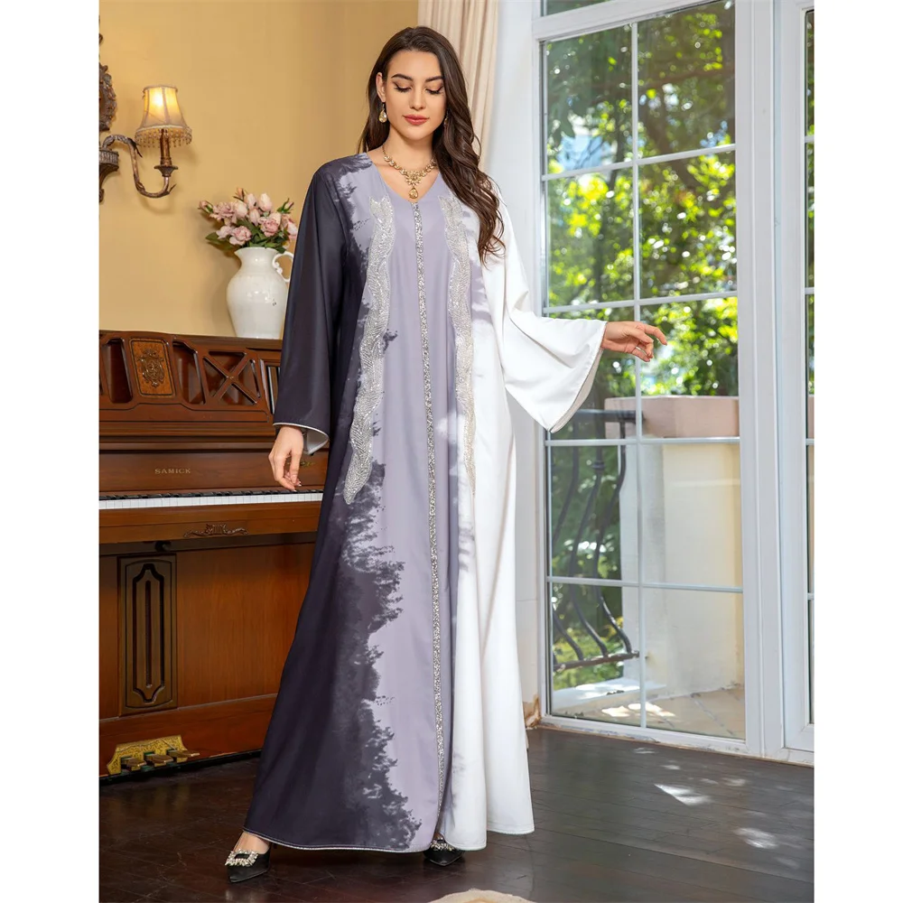 

Dubai Fashion Contrast Color Beading Diamonds Dress Muslim Long Sleeve V-Neck Casual Abaya Moroccan African Women Robe Ramadan