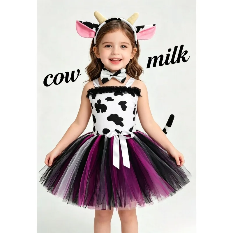 

Wild Animal World Mesh Dress Cow Themed Outfit Birthday Holiday Party Stage Performance Cosplay Carnival Role Play Costume