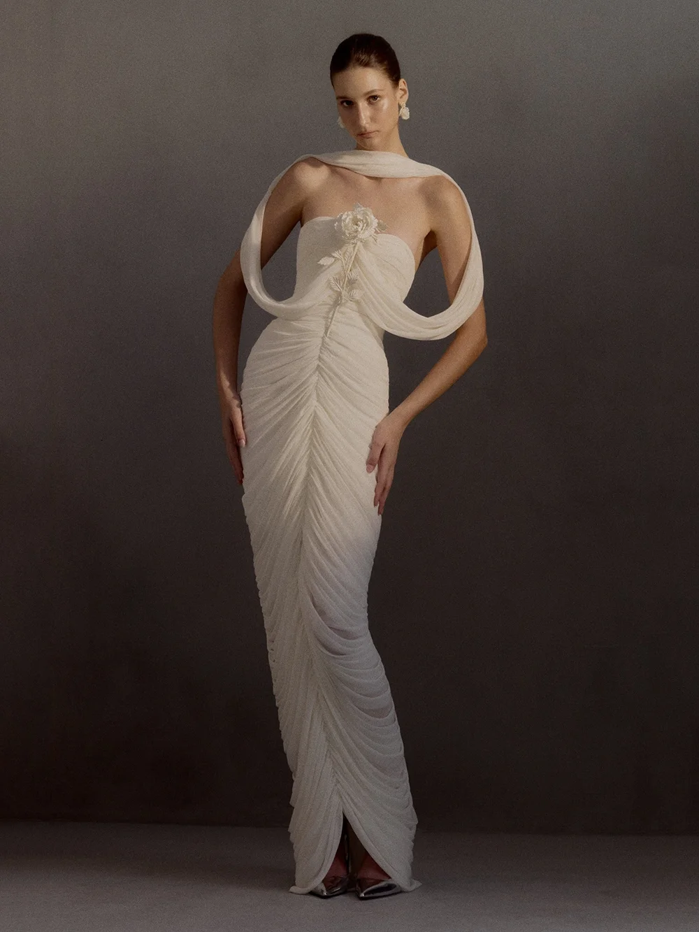 Modphy White Flower Elastic Ribbon Dress Sexy Fold Mesh Maxi Dress Strapless Cocktail Party Evening Gowns For Night Out
