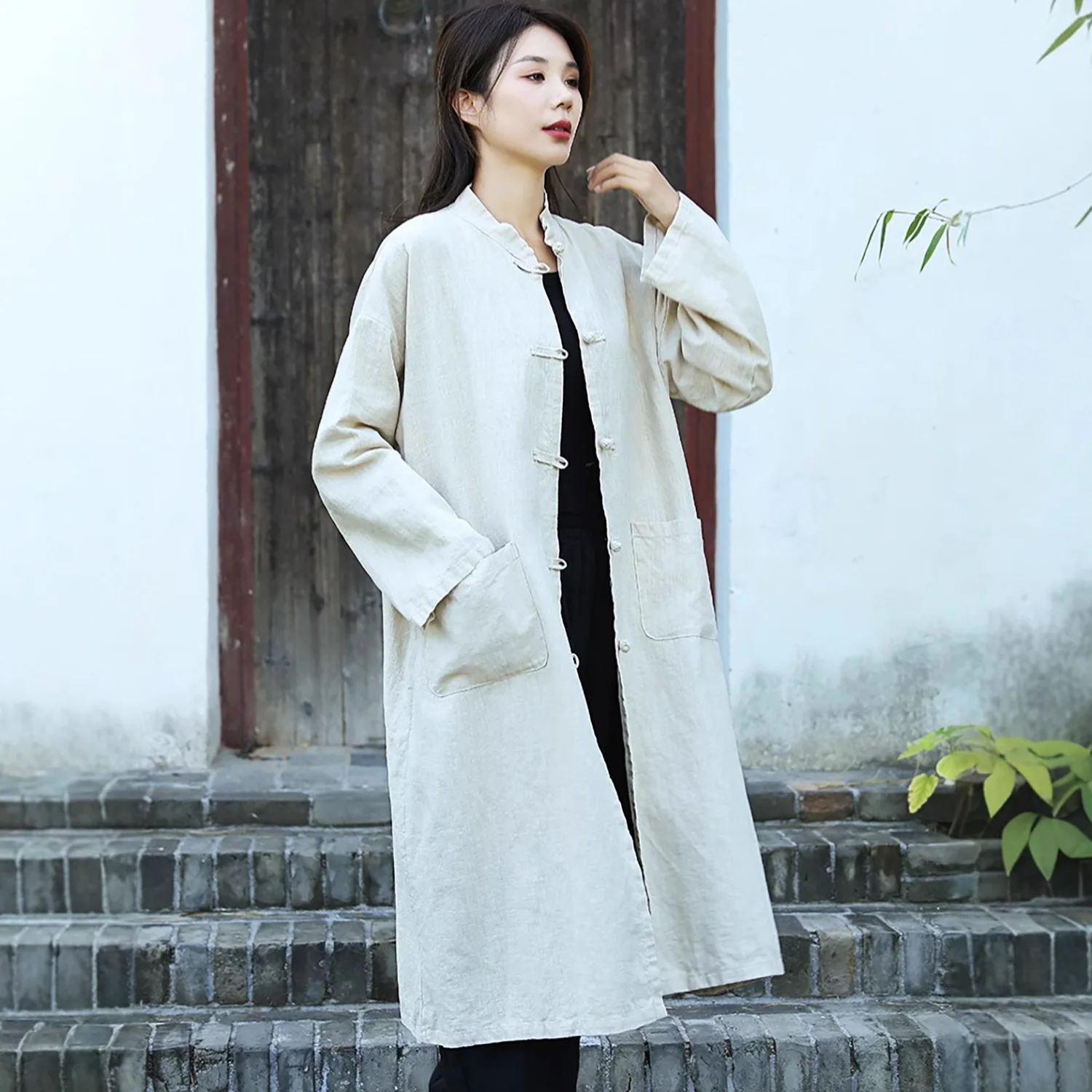 

LZJN Women's Open-Front Jacket: Mid-Length Sand-Washed Linen, Vintage Style, Loose Fit and Versatile Fashion Jacket