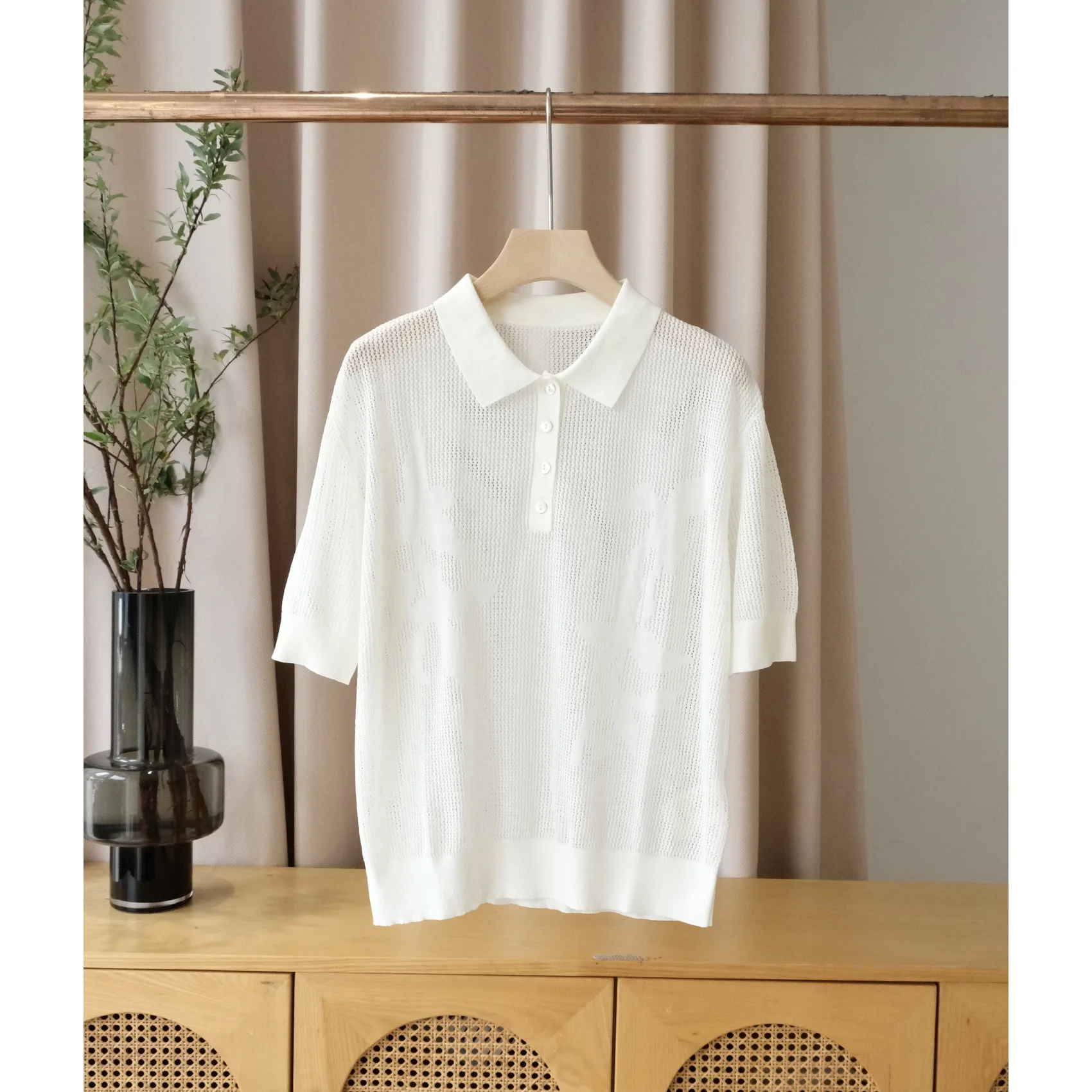 

2025 Summer New Arrivals Simple And Elegant Hollow Jacquard Pullover Knitted Polo Shirt Short Sleeve Tencel Wool Blended Women