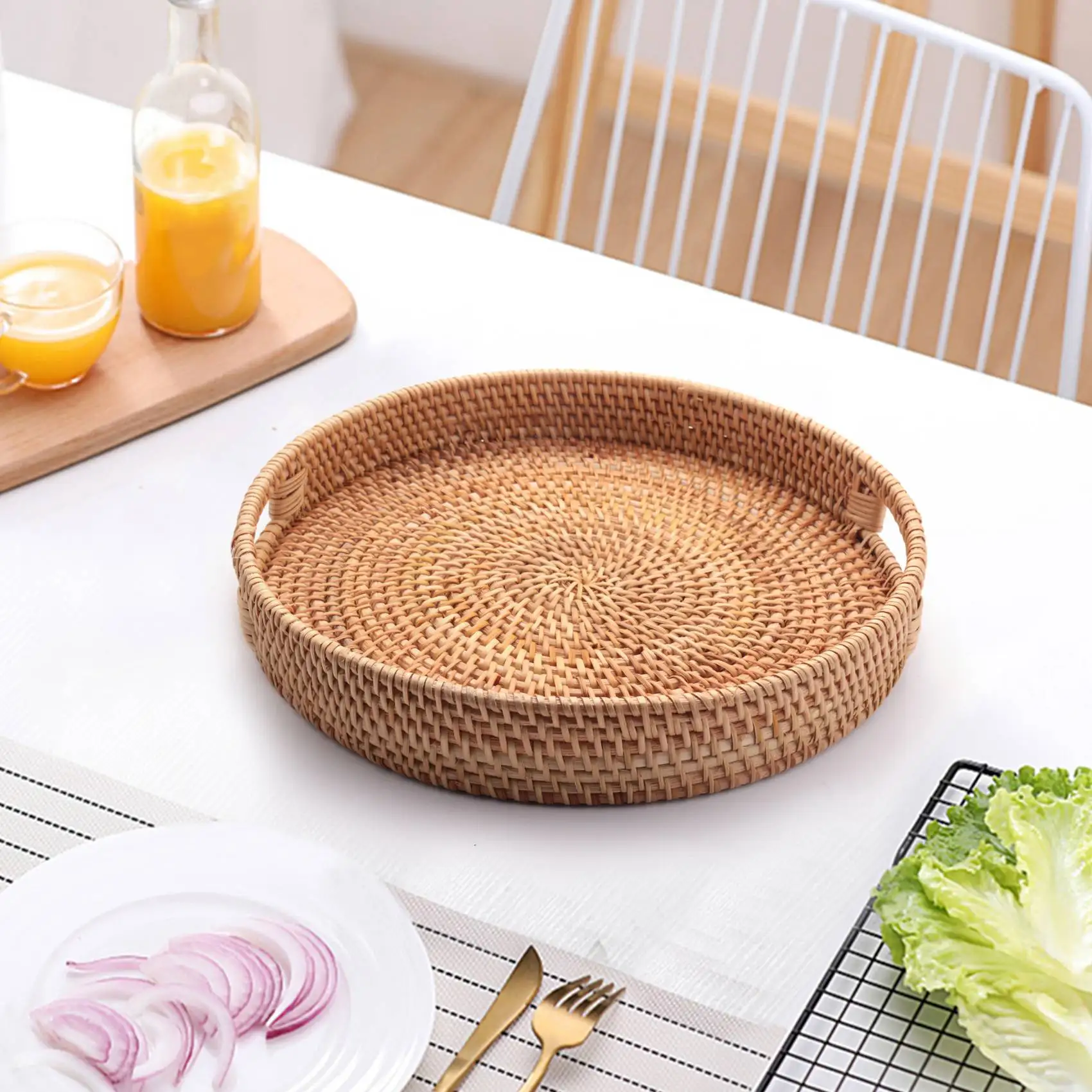 Round Rattan Woven Serving Tray with Handles Ottoman Tray for Breakfast, Drinks, Snack for Coffee Table, Home Decorative