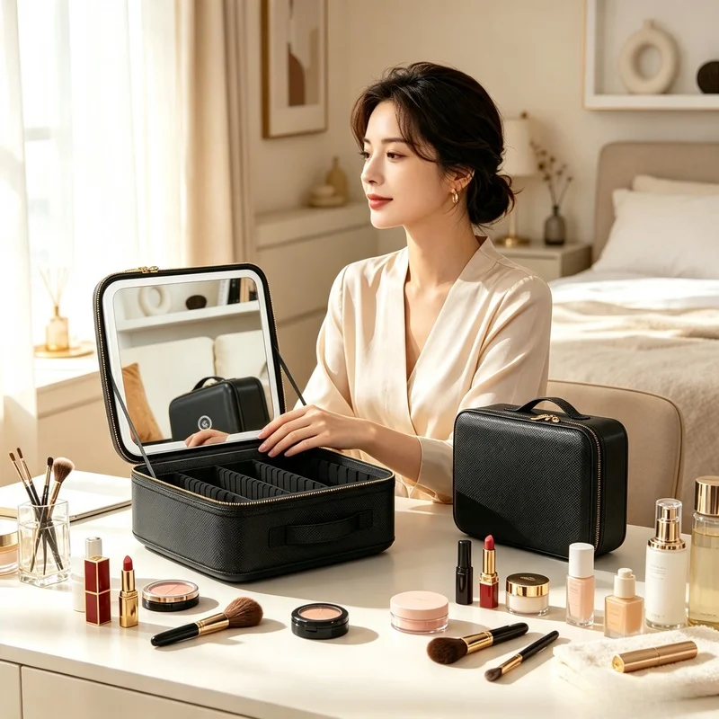 Waterproof Makeup Train Case With Mirror Adjustable Dividers Portable White Cosmetic Organizer 3 Colors Holiday Gift