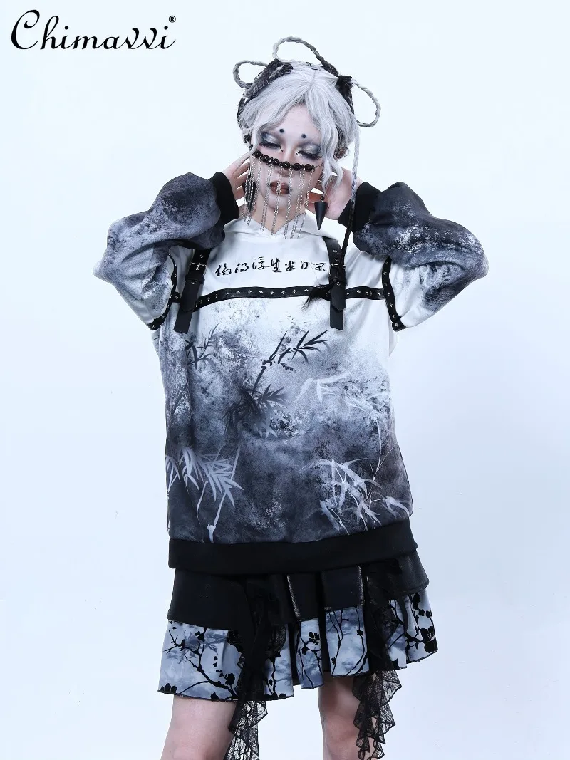 Original Gothic Style Sweet Cool Ink Bamboo Print Leather Buckle Loose Fleece Hooded Sweatshirt Autumn New Long Sleeve Hoodies