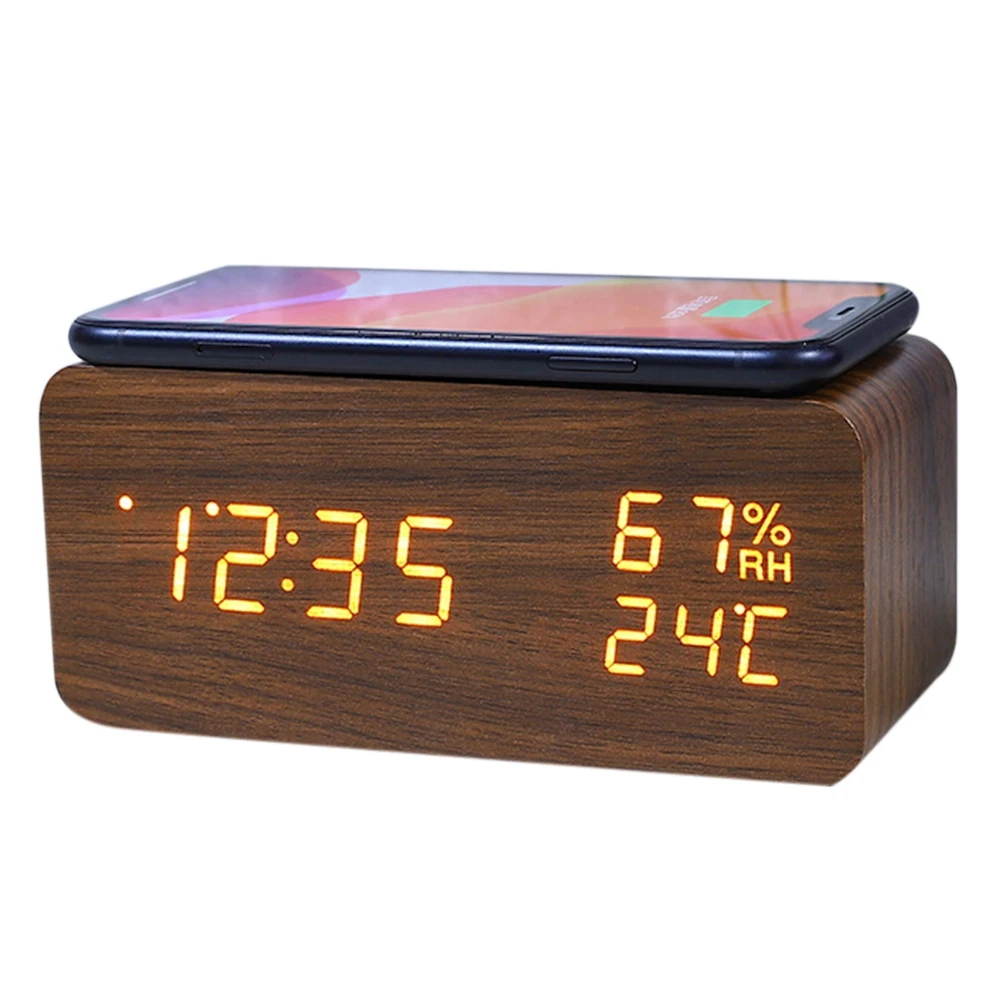 

Digital Alarm Clock Temperature and Humidity Alarm Clock LED Electronic Clock Smartphone Wireless Charger (Brown)