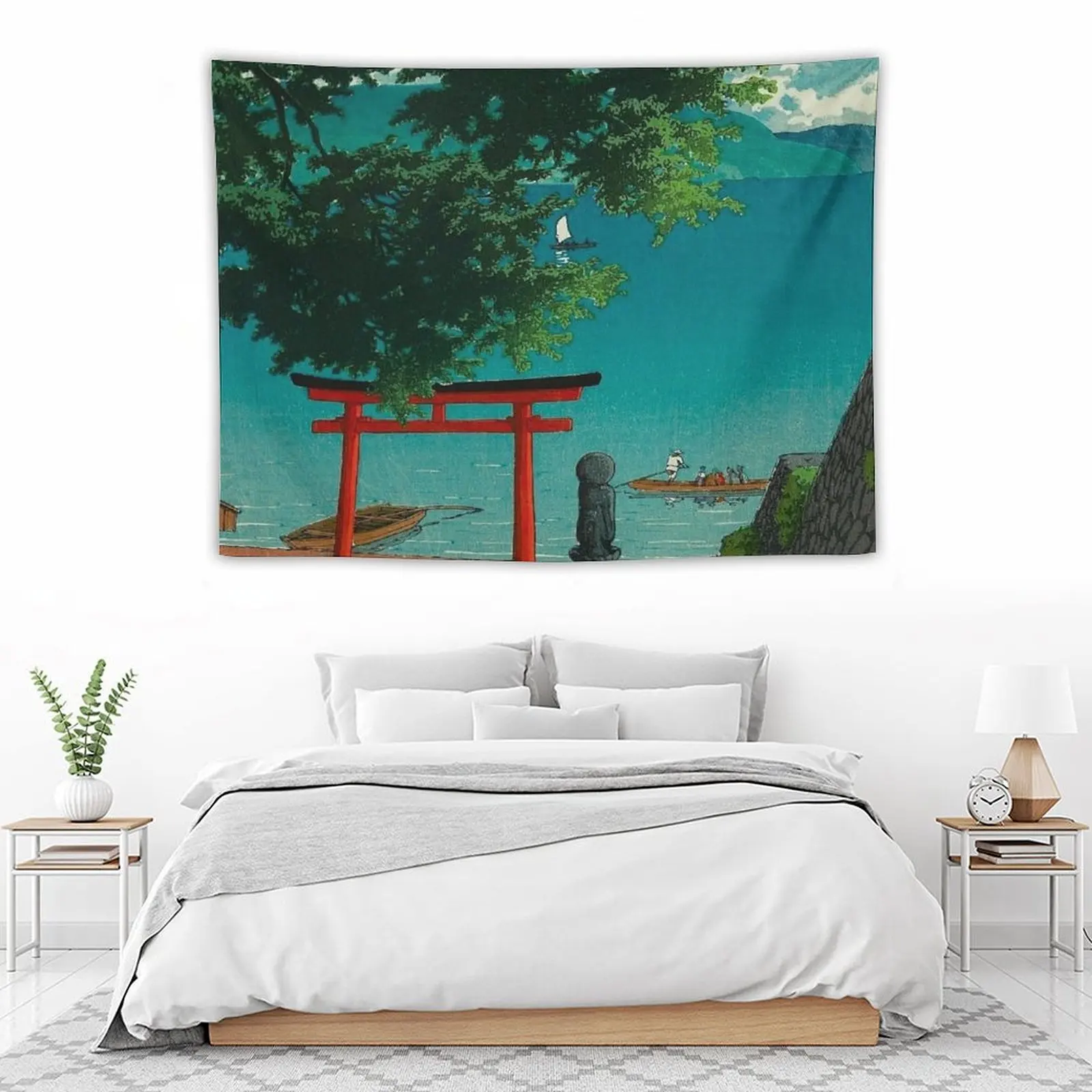 

Chuzenji Temple at Utagahama Beach Japanese Woodblock Print Vintage East Asian Art by Kawase Hasui Tapestry