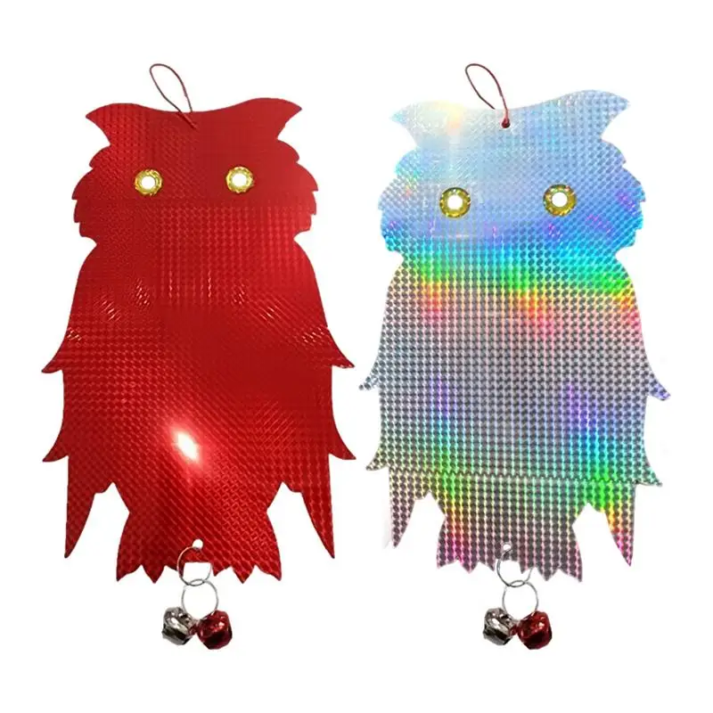 Owl Bird Blinder Hang Reflective Scarer Owl with Bell Dual-Sida Fake Owl Realistic Owl Decoy for Woodpecker Swallow Hawks